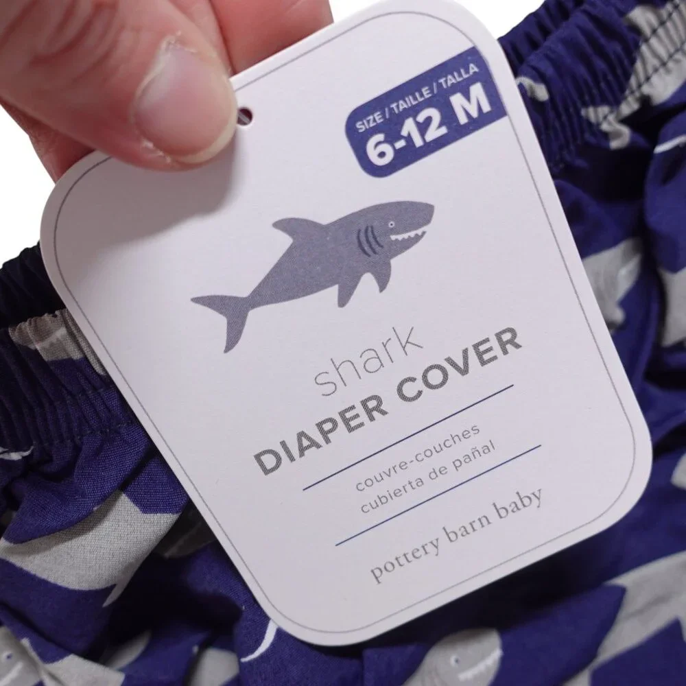 NWT Pottery Barn Kids Diaper Cover 6-12M Blue Gray Shark Print Water Resistant